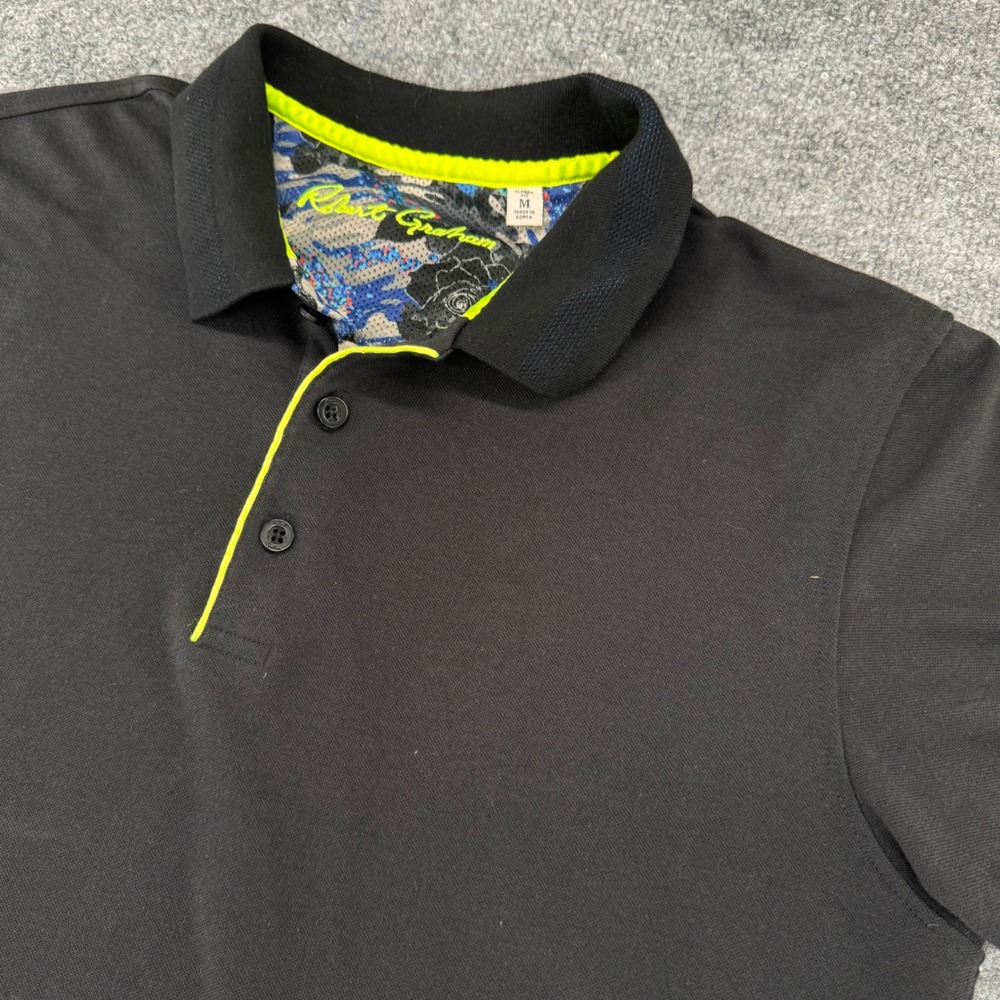 Robert Graham Polo Shirt Men M Floral Contrast Trim Cotton Classic Fit‎ Black